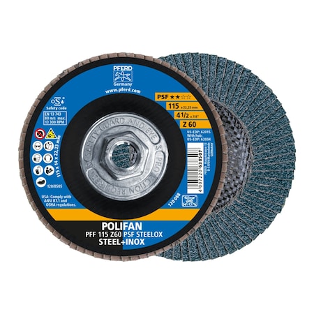 Pferd 4-1/2" x 5/8-11 Thd. POLIFAN Flap Disc - Z PSF STEELOX, Zirconia, 60 Grit, Flat 62034